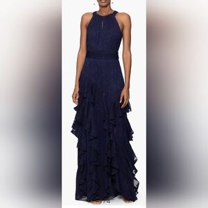 XSCAPE Petite Chiffon Ruffled Halter Gown NWT Size 8P Navy Blue